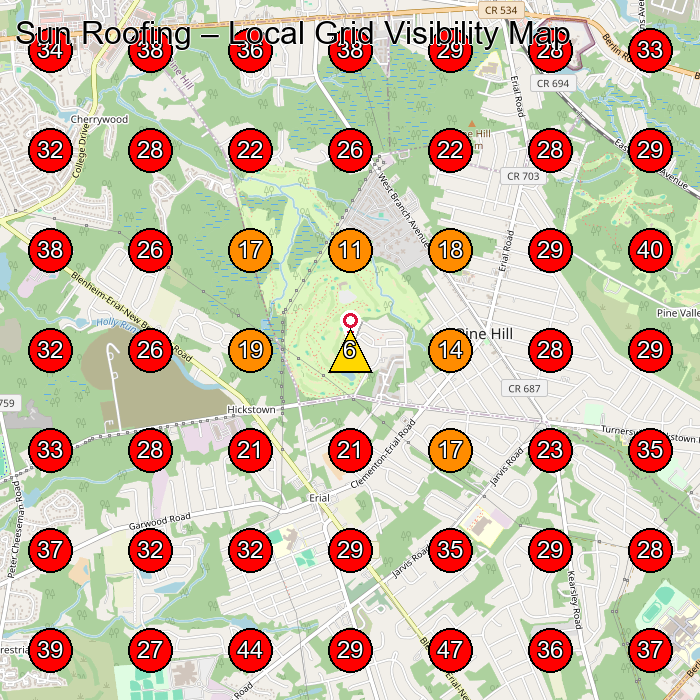 Sun Roofing GeoGrid visibility map for Roofing Contractor in Hammonton